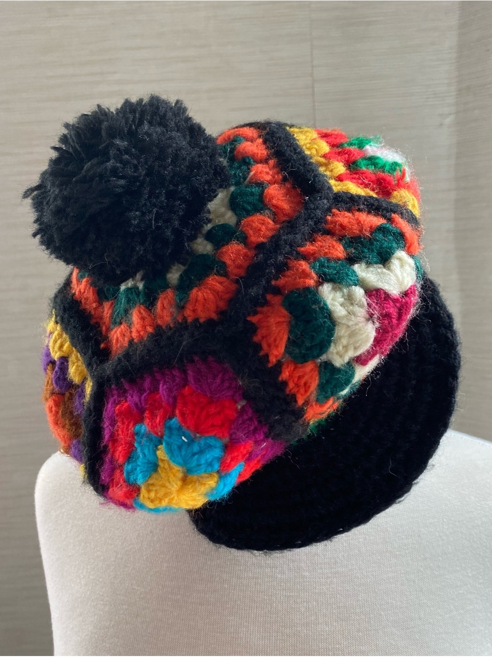 Vintage Betmar Granny Square Crochet Hat Pom Pom 70s Multicolor Wool Newsboy Cap